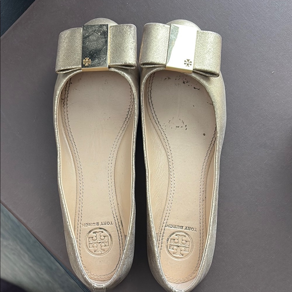 Tory Burch Gold Ballet Flats with Elegant Bow